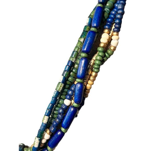 Vintage Womens Statement Necklace Abalone Blue Teal Beaded Wood Jewelry Green - Picture 5 of 8